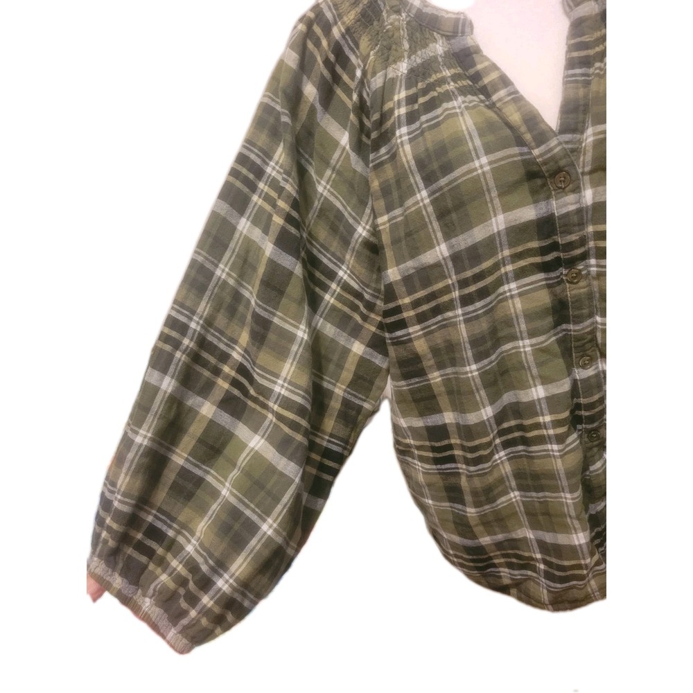 Time and Tru Women's 3/4 Sleeve 100% Cotton Plaid Green Smocked Top SZ XXXLarge - Picture 4 of 8